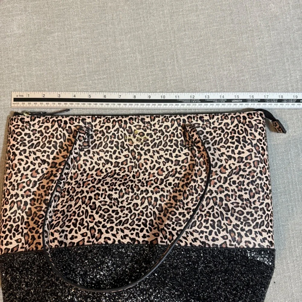 Kate Spade Leopard Print Tote Bag Glitter Bottom Black Tan Animal Print Large - Picture 7 of 9
